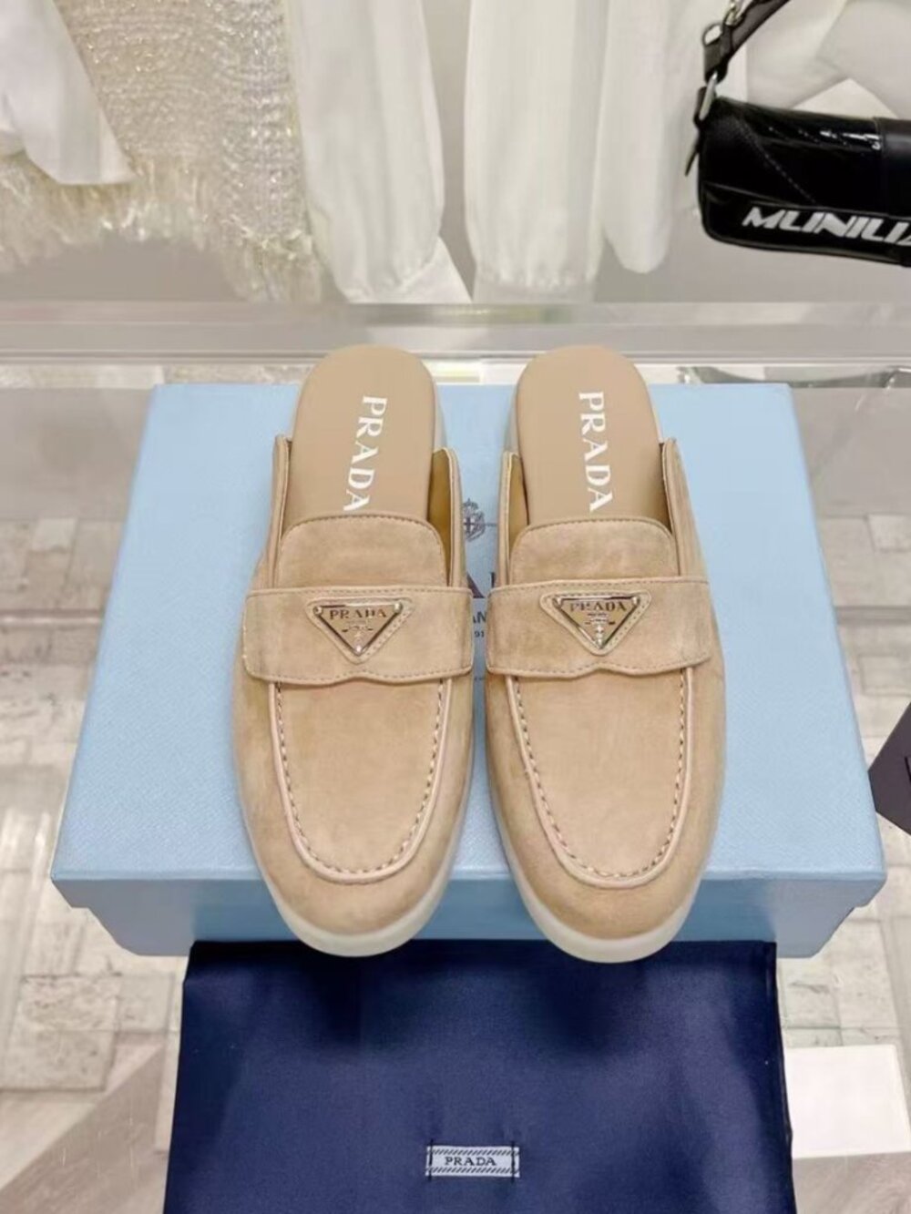 PRADA Beige Suede Triangle Logo Mule Slides
